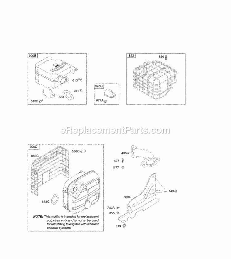 Exhaust System Diagram and Parts List for 20P214-1183-E1  Briggs and Stratton Engine
